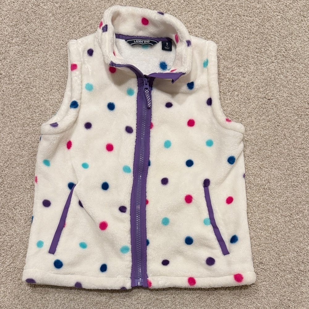 Lands' End White Fleece Vest with Colorful Dots